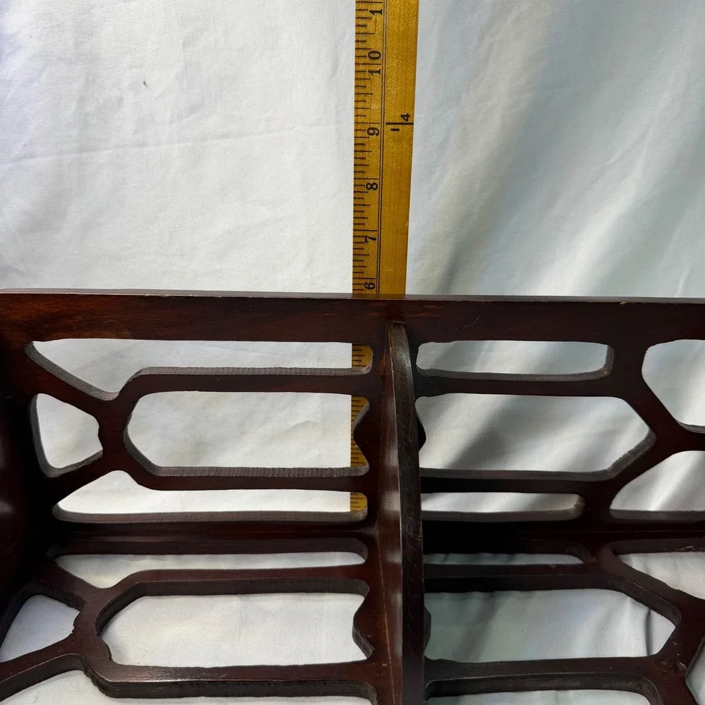 Vintage Dark Wood Corner Wall Shelf Fretwork Cutout 3 Tier Display Rack